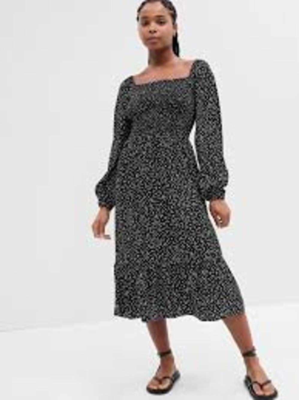 Gap Print Squareneck Midi Dress Womens Size Medium Petite Black White Dot Print